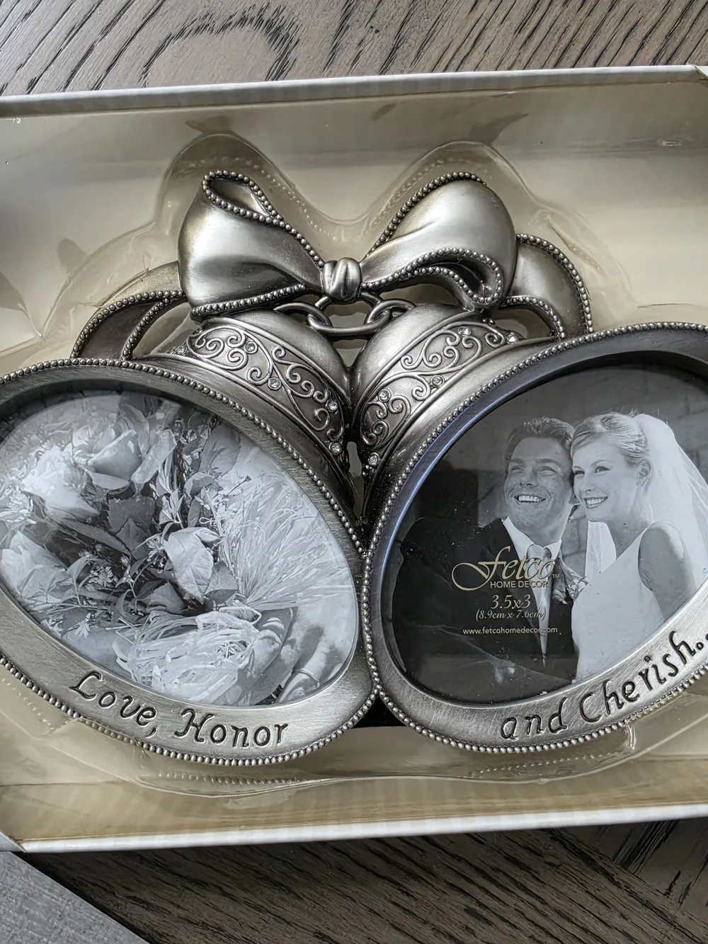 Double Oval Bow Frame - Pewter Finish Love, Honor and Cherish